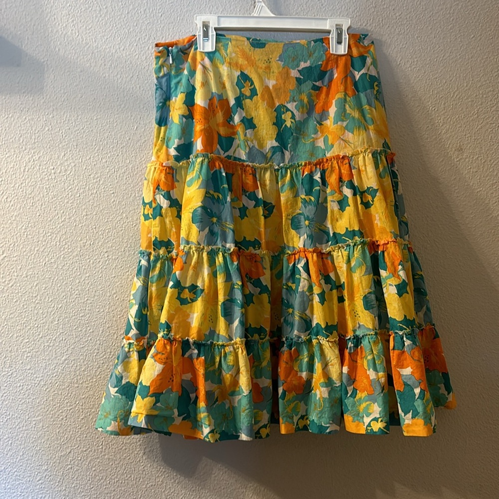 Nicole by Nicole Miller Yellow Green Orange Floral Tiered Midi Skirt - Picture 4 of 5